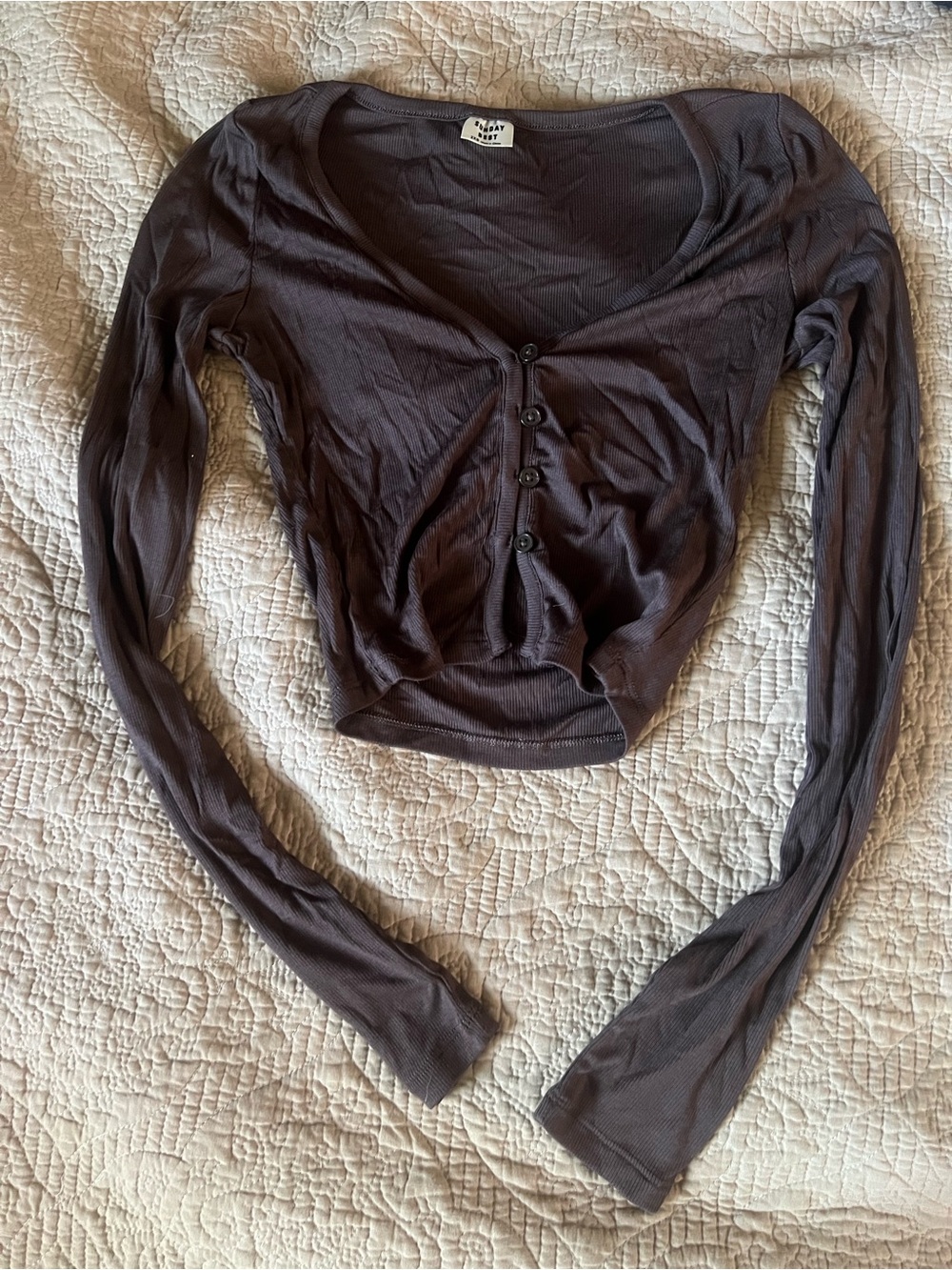 Sunday Best Brown Long-Sleeve Scoop Neck Crop Top 2XS